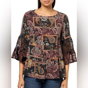John Mark Blouse Women’s Large Paisley Velvet Burn Out Trumpet Sleeves Boho NWT